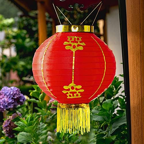 MyGift 4 Pack Chinese New Year Red Silk Paper Lanterns with Gold Tassel, Decorative 9 inch Round Party Lanterns for Spring Festival Holiday Season Decorations, Hanging Chinese Japanese Lanterns - Image 2