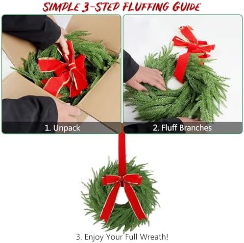4 Pcs Christmas Wreaths for Front Door, 15 Inch Fluffable Artificial Norfolk Pine Wreath with Red Bow, Easy to Shape for Full & Lush Look, Indoor Outdoor Holiday Decor - Image 3
