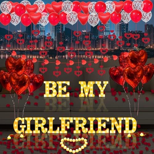 Be My Girlfriend Light Up Letters Proposal Decorations, 14Pcs 6.3" Letter Signs with 24Pcs Flameless Candles 2000Pcs Red Artificial Rose Petals 45Pcs Latex Balloons 10Pcs Heart Balloon Valentine's Day by Fezava