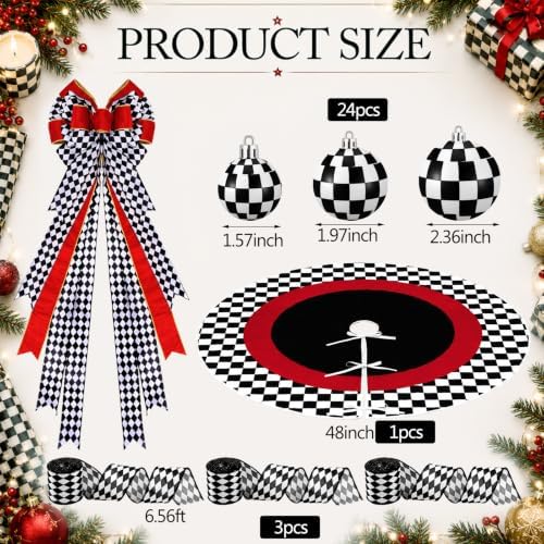 Sosation 29 Pcs Modern Checkered Christmas Tree Decor Set, 24 Pcs Black White Checkered Christmas Ball Ornaments, 1 Bow Trees Topper, 3 Ribbon Rolls, 1 Checkerboard Tree Skirt for Holiday Party Decor - Image 3
