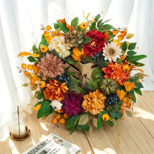Fall Wreaths for Front Door 24 Inch, Rustic Farmhouse Harvest Autumn Wreath - Image 2