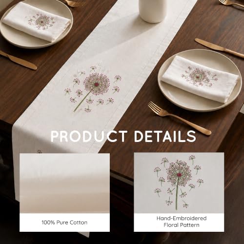 Hand-Embroidered Cotton Table Runner, 16 x 96 Inch, Pink Dandelion - Image 4