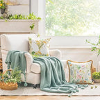 Phantoscope Pack of 2 Happy Easter Throw Pillow Covers - Tassel Trimmed Printed Colorful Flowers and Rabbits Spring Farmhouse Decorative Easter Pillows, Beige, 18x18 Inches - Image 2