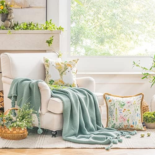 Phantoscope Pack of 2 Happy Easter Throw Pillow Covers - Tassel Trimmed Printed Colorful Flowers and Rabbits Spring Farmhouse Decorative Easter Pillows, Beige, 18x18 Inches - Image 2