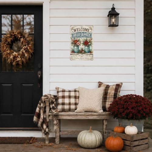 Decorative Tin Sign Vintage Metal Tin Sign Welcome Winter Mason Jar Flowers Pine Branches Berries Cozy Seasonal Wall Decor for Kitchen Entryway 12×16 Inches with Metal Frame - Image 3