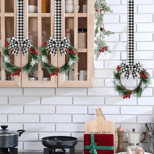 Crowye 12 Pcs Mini Christmas Wreaths Kitchen Cabinet Door, Black and White - Image 6