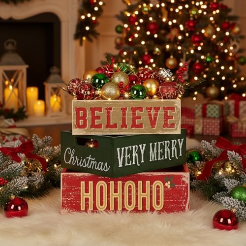 3 Pcs Vintage Wooden Box with Words Hohoho Merry Christmas Believe - Image 4