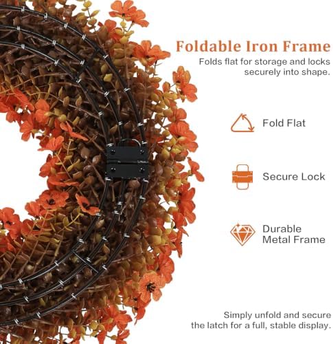 20" Orange Fall Wreath for Front Door, Artificial Mums Autumn Wreath - Image 3