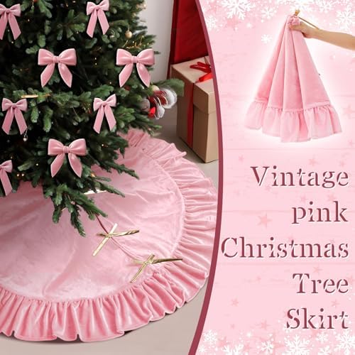 Velvet Christmas Tree Skirt, 60 Inches, Bow Style, Pink - Image 5