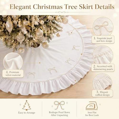 48 Inches Pearl Christmas Tree Skirt Plush Christmas Velvet Tree Skirt with Pearl Bow White Ruffle Edge Handmade Mat for Xmas Holiday Winter Party Decorations - Image 3