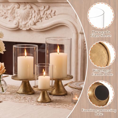 3 Set Hurricane Candle Holders Set with Pillar Candles, Iron Candle Stands for Table Centerpieces with Glass Sleeve, Decorative Metal Candlestick Holder for Wedding, Dining, Mantel Display - Image 4