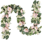 MAKHOT 2 Pcs Pink 6.6Ft Artificial Eucalyptus Garland with Fake Rose Flower Vine (Pink2) by MAKHOT