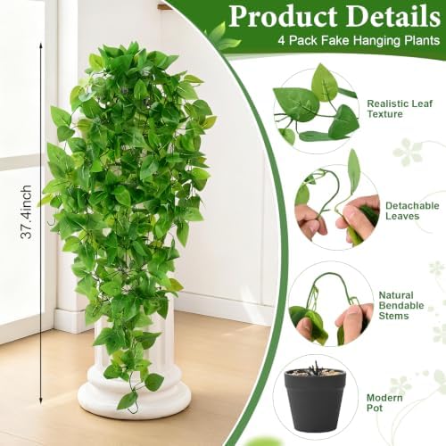 4Pcs Fake Hanging Plants, Potted Artificial Plants Hanging Pothos Greenery - Image 4