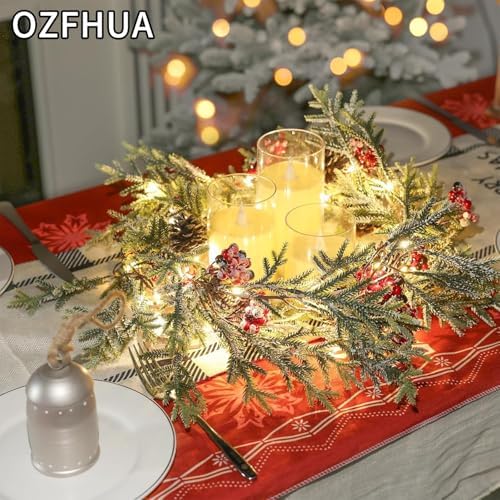 OZFHUA 6 FT Christmas Garland with Lights - Pre-Lit Artificial Christmas Garland, Flocked Garland with Red Berries Pine Cones for Decoration, Mantle Stairs Railing Home Xmas Decoration Indoor - Image 2