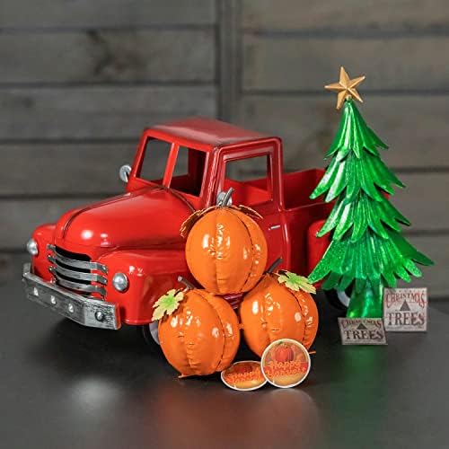 Zaer Ltd. Metal 18.5" Long Multi-Seasonal Christmas and Harvest Pickup Truck with Metal Tree, Pumpkins, and Matching Side-Magnet Sets (Glossy Red) - Image 4