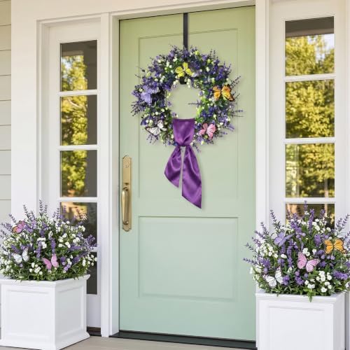 13in Wildflower Wreath, Purple Ribbon & Hanging Hook, Farmhouse Door Decor - Image 5