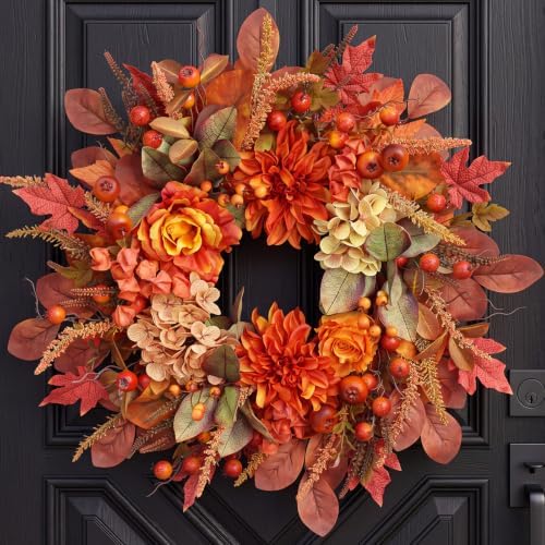Autumn Harvest Wreath for Front Door 26 Inch, Fall Decor with Orange Dahlias Maple Leaves Berries Hydrangeas, Thanksgiving Halloween Wreaths for Front Door Grapevine Twig by Koimiao