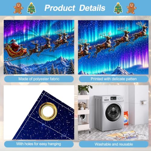 Northern Lights Christmas Garage Door Banner Mural Santa Sleigh Reindeer Flying Over Snow Mountain Town Backdrop Large 7x16ft Winter Holiday Outdoor Wall Decor - Durable Fabric Cover for Home Xmas - Image 3