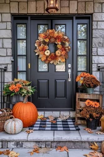22" Artificial Fall Wreath for Front Door Autumn Harvest Wreath with Pumpkin Oak Maple Leaf Pine Cones Eucalyptus Berry for Halloween Thanksgiving Day Indoor Outdoor Farmhouse Window Wall Décor - Image 4