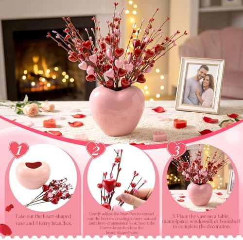 Youyole Heart Vase Set with 4 Red Berry Stems, 6.5" Heart-Shaped Ceramic Vase with Artificial Berry Branches, Romantic Table Centerpiece Decor for Couples, Home, Office & Gift(Pink) - Image 4