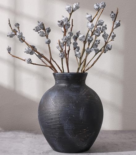 Ceramic Flower Vase Home Decor, 7.4 in Farmhouse Table Vase Retro Vintage Living Room Kitchen Bedroom Decoration Pottery Decorative Vases for Flowers House Shelf Office Desk Dining Entryway, BlackGold by FancyPlus