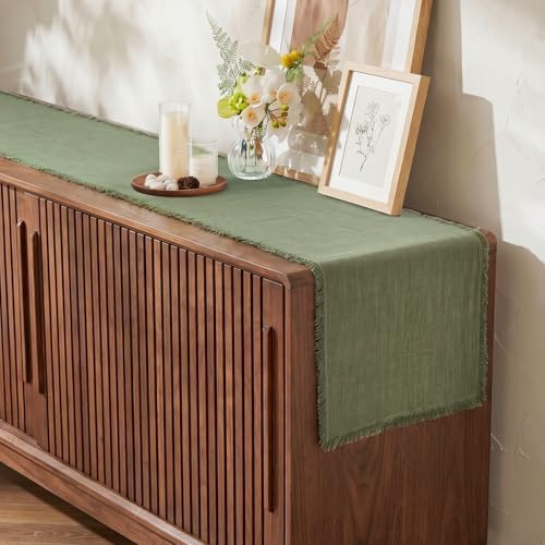 KINGSTONE 14 x 72 Inches Frayed Edge Table Runner, 270G Heavyweight Sand Washed Slub Texture Cotton Linen for Modern Farmhouse, Rustic Home Decorations Dining Room Wedding Boho Decor, Moss Green - Image 4
