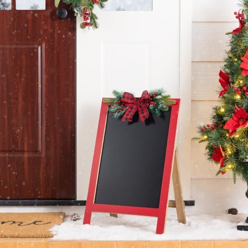 Glitzhome 24"H Christmas Wooden Easel Porch Sign,Farmhouse Standing Porch Decor with Pine & Plaid Bow,Merry Christmas Welcome Sign for Holiday Front Porch Outdoor Decorations by Glitzhome