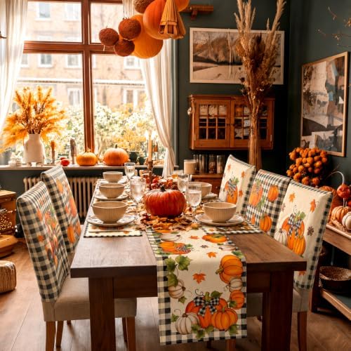 Newtay 13 Pcs Fall Pumpkin Table Runner Placemat and Dining Chair Cover Set - Image 6