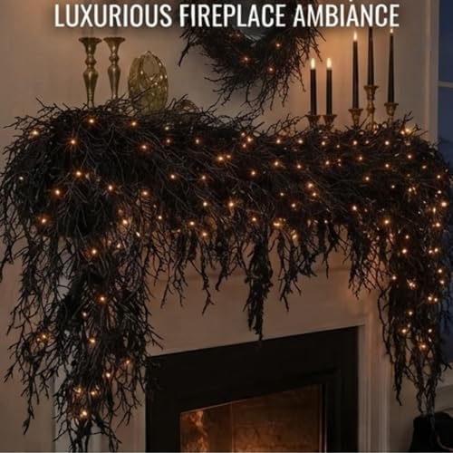 Spooky Chic: Halloween Fireplace Decor Set, 1m/1.5m/1.7m/2.7m Black Halloween Garland with Lights, Home Indoor Seasonal Party Decorations (2.7m) - Image 2