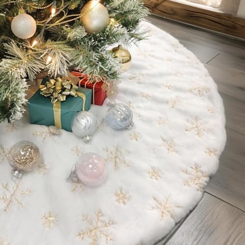 CHICHIC 60 Inch Large Christmas Tree Skirt White Tree Skirt Xmas Faux Fur Tree Skirts Christmas Decorations for Holiday Tree Ornaments Christmas Party Home Decorations with Sequin Gold Snowflakes by CHICHIC