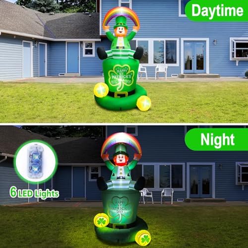 7.1FT St. Patricks Day Inflatables Leprechaun Holding Rainbow Sitting On the Shamrock Hat Decoration, St Patrick Blow up Yard Decoration Leprechaun Inflatable Built-in 6 LED for Irish Decor - Image 4