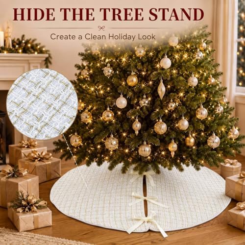 Blueweenly 48 Inch Christmas Tweed Tree Skirt Faux Vintage Linen Cream White Tree Skirt Rustic Farmhouse Trees Skirts for Christmas Trees Winter Holiday Decorations - Image 5