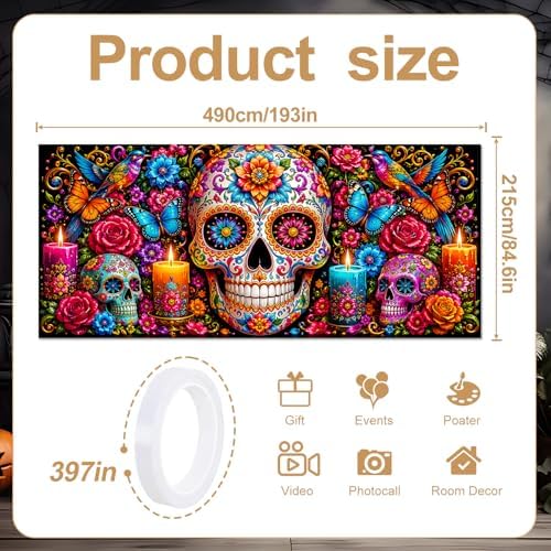 Day of the Dead Garage Door Banner 7x16 FT - Dia De Los Muertos Sugar Skull Backdrop Cover with Vibrant Flowers Butterflies Candles Decor for Double Car Garage Door Outdoor Fiesta Party - Image 2