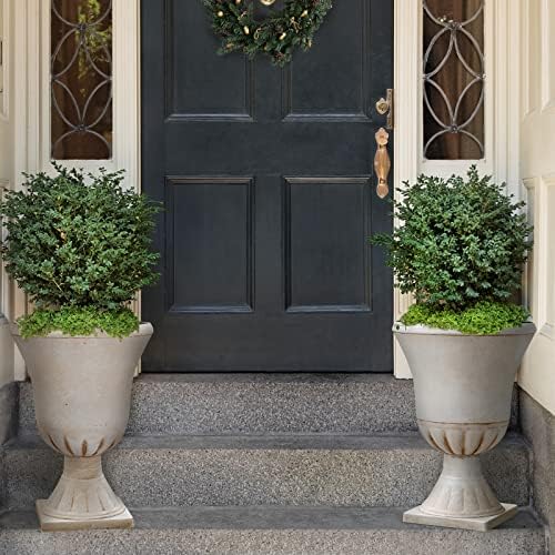 Worth Garden Plastic Urn Planters for Outdoor Plants, Tree 22'' Tall 2 Pack Round Classic Resin Flower Pots Indoor Beige Traditional Front Porch 15 in Dia. Large Imitation Stone Decorative Patio Deck - Image 6