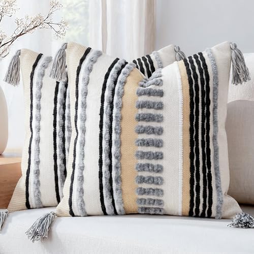 NUYECY Boho Throw Pillow Covers 18x18 Aesthetic Neutral Boucle Couch Pillow Cover Rainbow Striped Decorative Accent Pillow Case for Couch Bed Sofa Farmhouse Bedroom,Modern Funky,Set of 2 Grey - Image 4