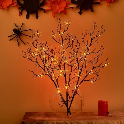 Birchlitland Halloween Branch Lights with Timer Battery Operated 75 LED Orange Fairy Lights, Lighted Black Willow Branches 21IN for Home Decor by Birchlitland