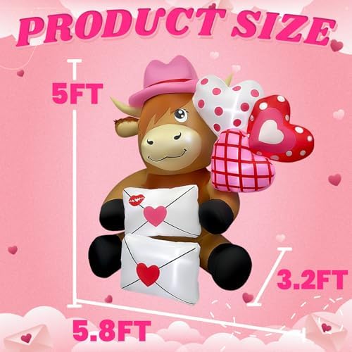 5FT Valentines Day Inflatables Highland Cow with Hearts and Love Letters, Romantic Blow Up Decorations, LED Lighted Outdoor Valentine Decor for Anniversary, Wedding, Party, Indoor Yard - Image 2