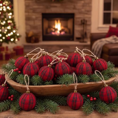 Hollowfly 24 Pcs 2.36 Inch Christmas Tartan Plaid Ball Ornaments Vintage Large Buffalo Plaid Balls Christmas Tree Hanging Ornament Rustic Ball Pendant Hanging Decor for Xmas Tree Party(Red) by Hollowfly