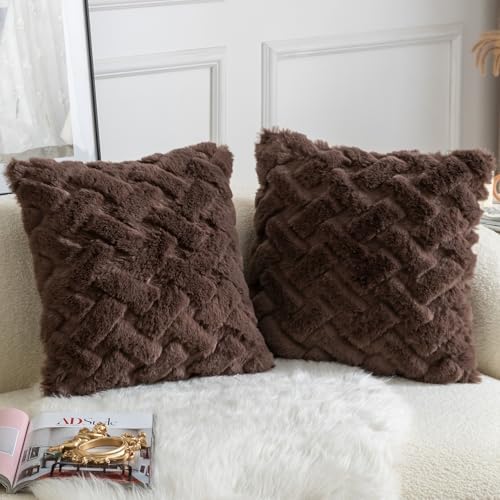 Yaertun Set of 2 Decorative Throw Pillow Covers Thick Plush Wool Throw Pillows Super Soft Luxury Faux Rabbit Fur Velvet Cushion Covers for Couch Sofa Bed Living Room 24x24 Inch Chocolate - Image 2