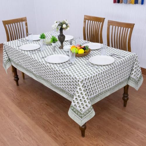 Home Spun & Crafts 90x90 Inches Square Hand Block Print Tablecloth, 100% Cotton, Green White Floral Table Cloths Washable, Traditional Indian for Dining Outdoor Thanksgiving Halloween Christmas - Image 4