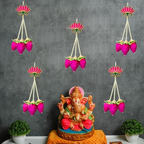 Divyakosh Handmade Lotus Buds Hanging, Pack of 5, Size 16 Inch, Pooja Room Decoration Items, Solawood Lotus Hangings for Decor, Mandir Decorations Items, Garlands for Decorative |, Multicolor - Image 7