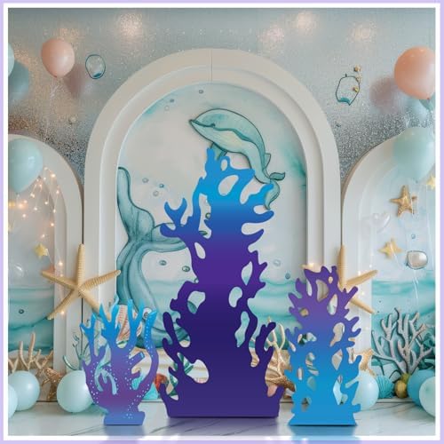 Bucherry 3 Pcs 22-47 Inches Under The Sea Coral Cardboard Cutout Stand-up Life Size Purple Blue Mermaid Coral Backdrop Photo Prop for Summer Underwater Beach Mermaid Birthday Party Decoration - Image 3
