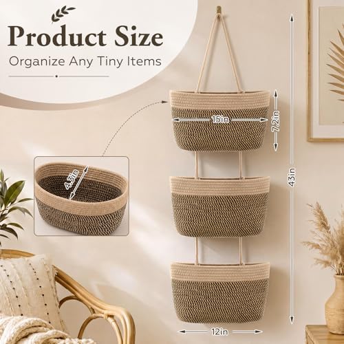 Novabright 3-Tier Hanging Basket Wall Mounted Woven Organizer, Boho Storage - Image 3