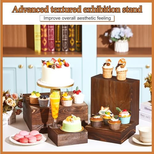 Roowest 4 Pack Wooden Display Risers, Rustic Cake Stands, Black Brown - Image 2
