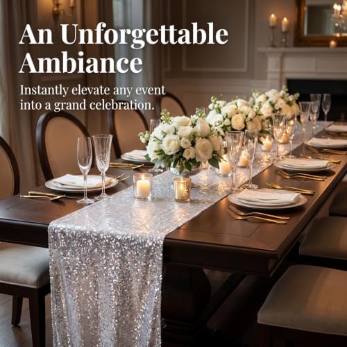 ShinyBeauty Silver Sequin Table Runner 10 Pack, 12x108 for Wedding Party - Image 2