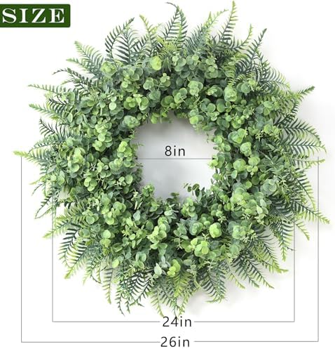 26" Artificial Eucalyptus & Boston Ferns Wreath for Front Door (Gray-Green) - Image 5