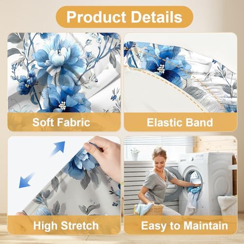 Blue Flower Chair Covers Set of 6,Stretchable Kitchen Dining Room Chair Covers Decorations Removable Washable Dining Chair Slipcovers Chair Protectors for Dining Room & Kitchen - Image 5