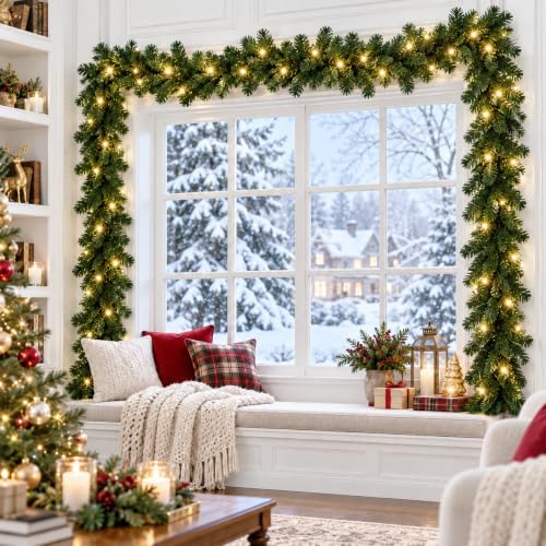 9FT Christmas Garland with Lights, Prelit Lighted Christmas Decorations for Mantle Fireplace Table Stairs,Green Garland Winter Indoor Outdoor Vintage Xmas Home Door Holiday Decor - Image 5