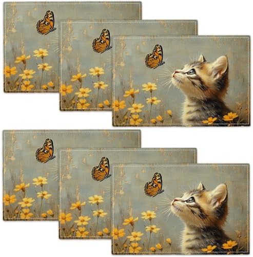 Cat Flower Spring Placemats Set of 6, 12x18 Inch Cat Floral Summer Table Place Mat Animal Washable Non-Slip Heat Resistant Fabric Placement Mats for Party Dining Kitchen Indoor Outdoor Decor by UIAMT