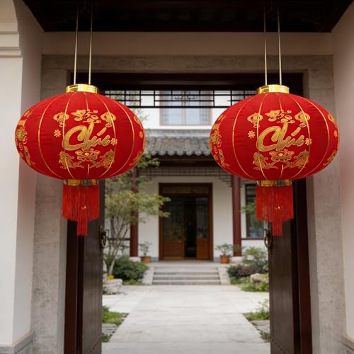 KYMY Vietnamese New Year Red Hanging Lanterns – Set of 2 Traditional Tết Spring Festival Cloth Fabric Lanterns with Gold Embroidery & Tassels, 100# Lunar New Year Indoor Outdoor Door Porch Decor by KYMY